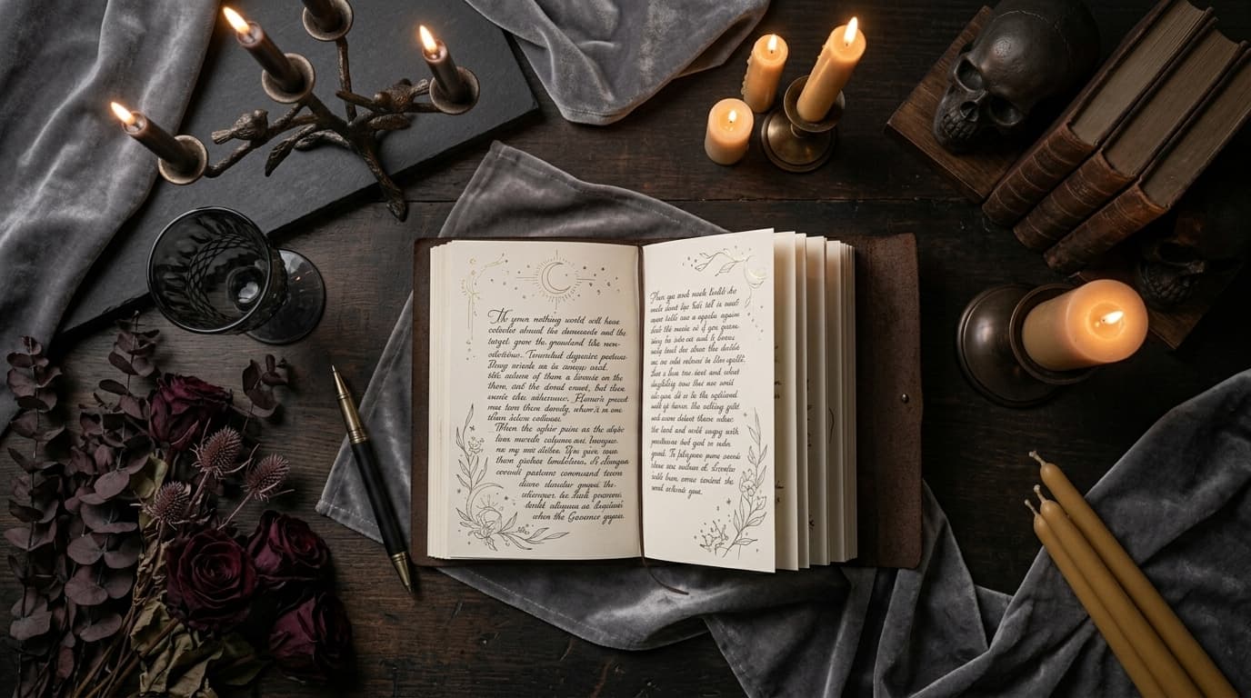 Open grimoire with handwritten text and botanical illustrations